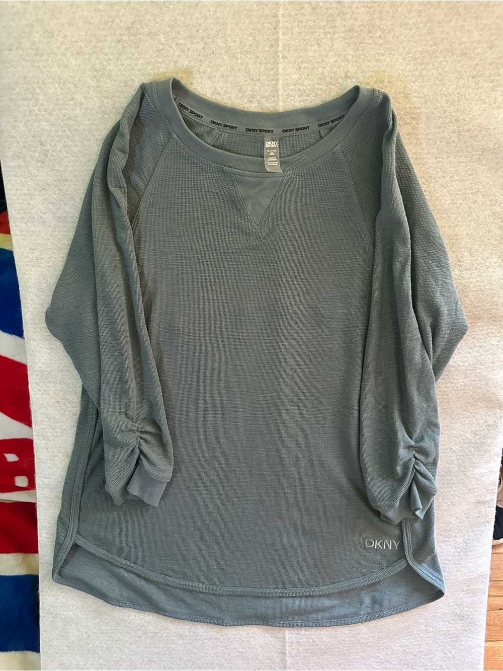 DKNY Light Gray Pullover with Ruched Sleeves
